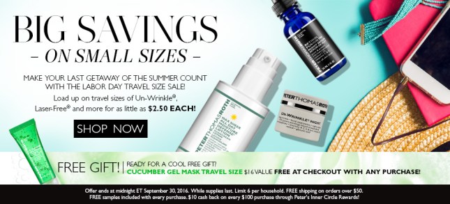 Peter Thomas Roth travel size sale for Labor Day 2016 - see more gift with purchase and review at IcanGWP beauty blog