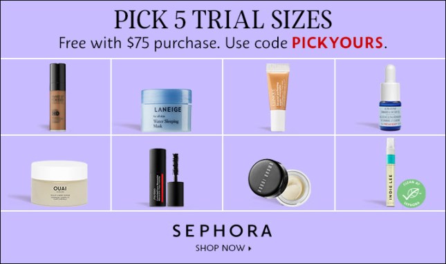 sephora coupon Pick 5 trial sizes! Free with $75 purchase icangwp blog