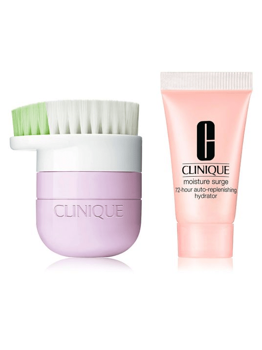 Recieve a Moisture Surge 72-Hour Auto-Replenishing Hydrator and a mini Sonic System Purifying Cleansing Brush Head any Clinique purchase of $40