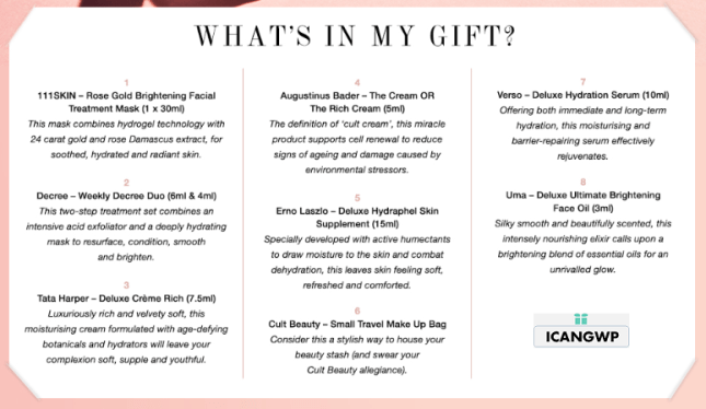 The Luxe Skin Care Gift contents Cult Beauty icangwp