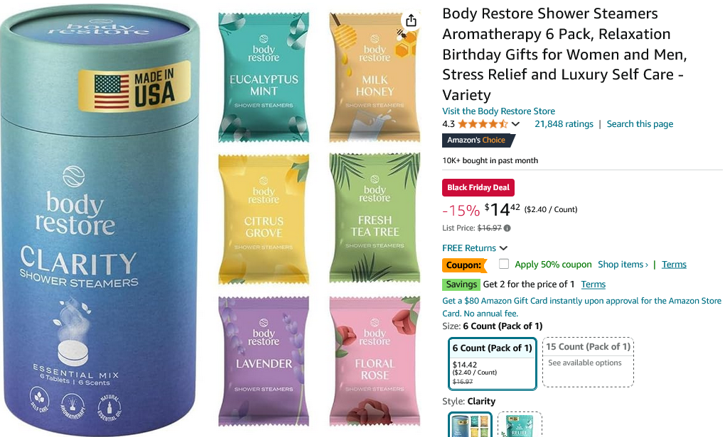 Screenshot 2024-11-25 at 11-27-07 Amazon.com Body Restore Shower Steamers Aromatherapy 6 Pack Relaxation Birthday Gifts for Women and Men Stress Relief and Luxury Self Care - Variety Beauty &amp; Personal Care